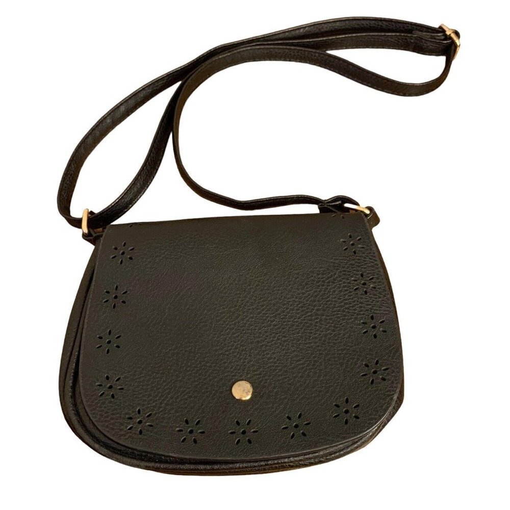 Women's Black Saddle Bag Cross Body Purse Flower Punched Faux Leather​​​​​​​